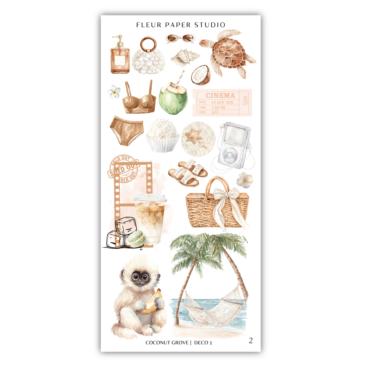 The image is a collection of various objects and scenes, including a tropical beach, a monkey, a coconut, a film reel, a basket, a cup, a palm tree, and a hammock.