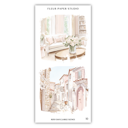 The image is a collage of two scenes from a living room and a street, both featuring a pink color scheme.