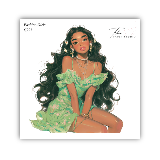 A stylized illustration of a young woman with long, dark hair wearing a green floral dress.