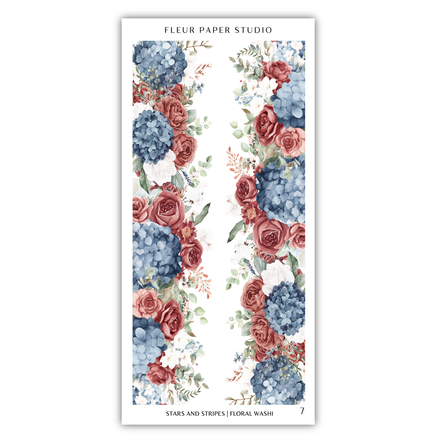 a floral design with red roses, blue hydrangeas, and white flowers arranged in a vertical pattern.