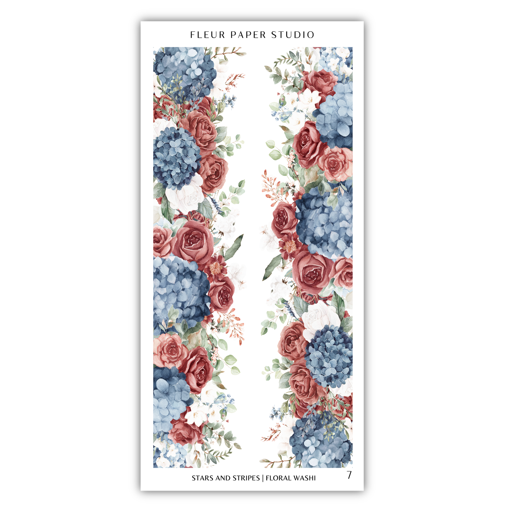 a floral design with red roses, blue hydrangeas, and white flowers arranged in a vertical pattern.