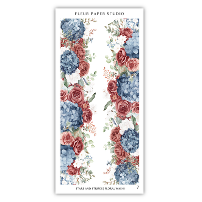 a floral design with red roses, blue hydrangeas, and white flowers arranged in a vertical pattern.