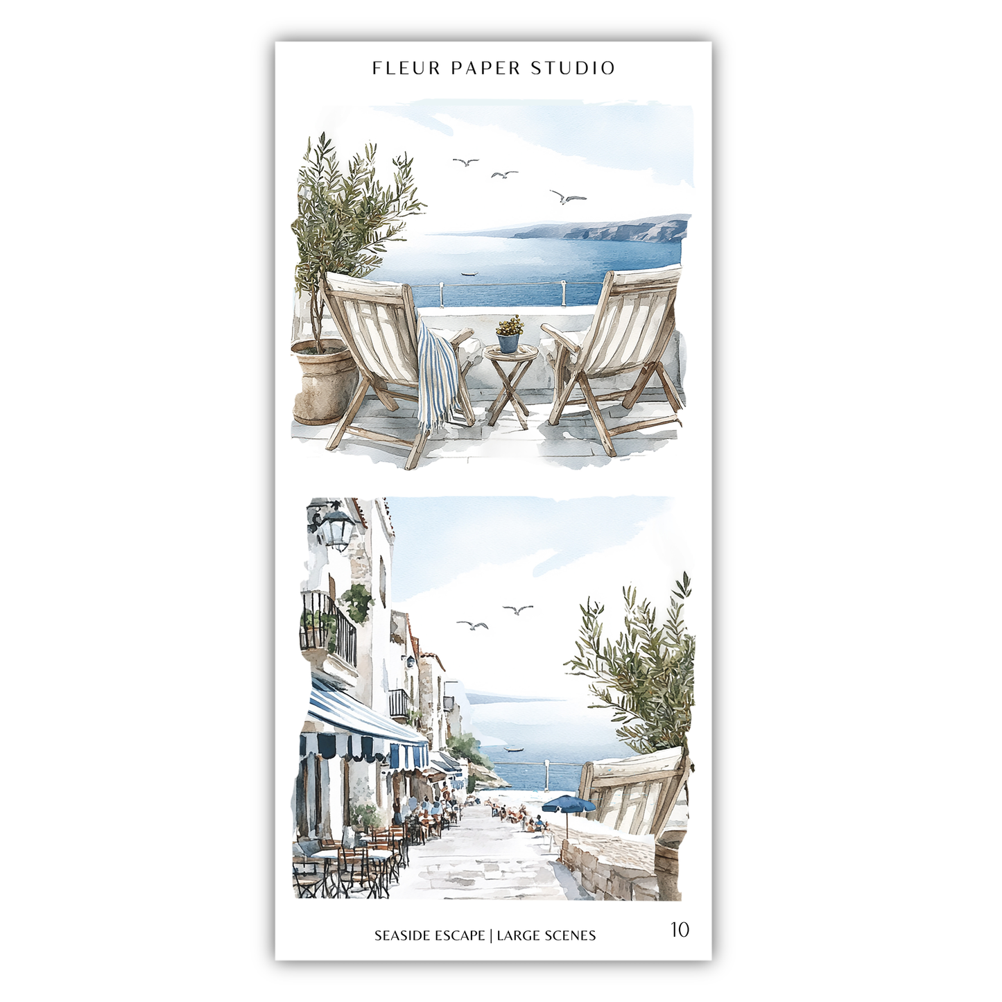 The image is a collage of two scenes depicting a seaside escape. The top scene shows a balcony with a view of the ocean, while the bottom scene shows a street lined with buildings and people enjoying the seaside.