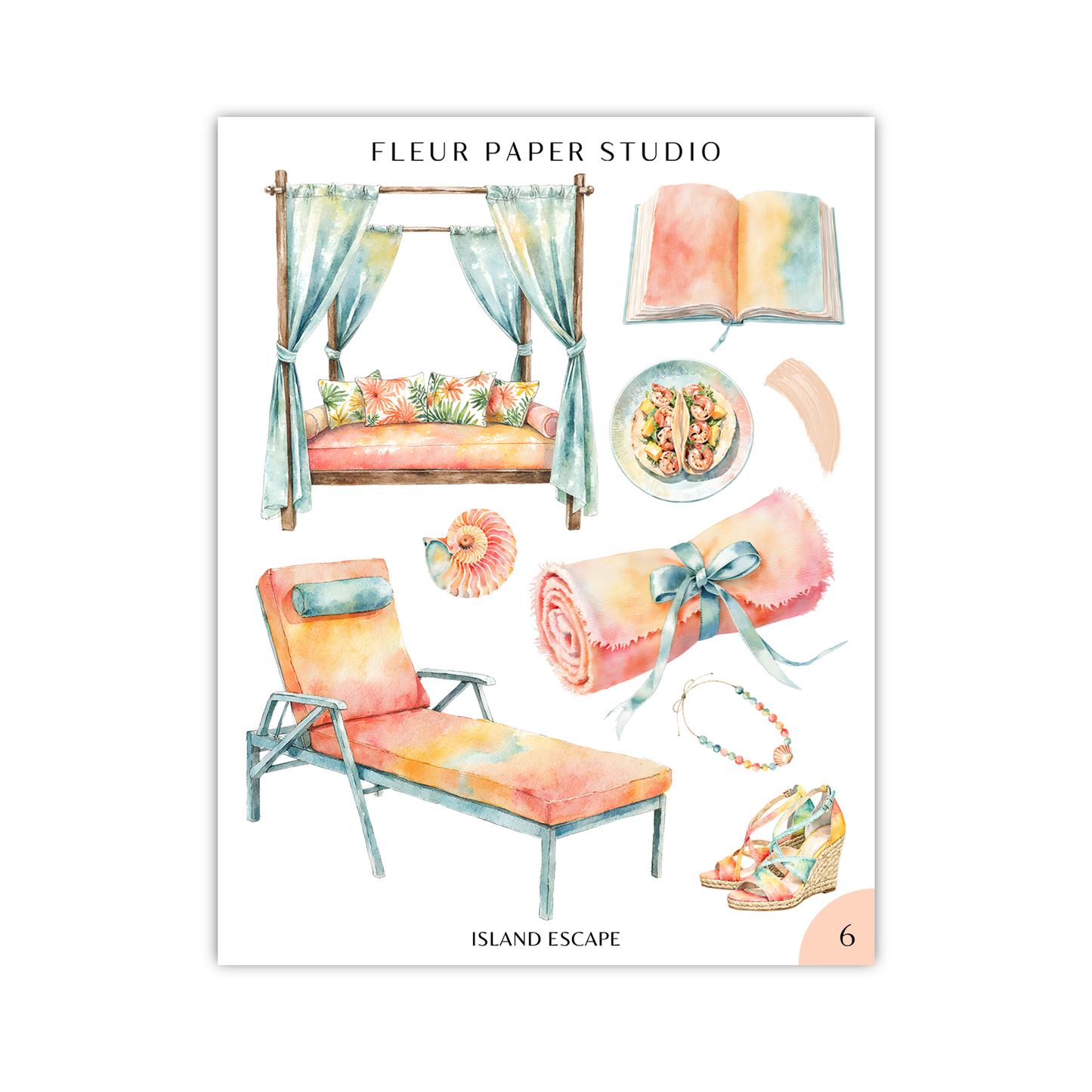 The image is a collage of various objects and scenes related to the concept of "Island Escape", including a canopy bed, a book, a beach chair, a seashell, a flower, a plate of food, a rolled-up blanket, a pair of sandals, and a pair of sunglasses.