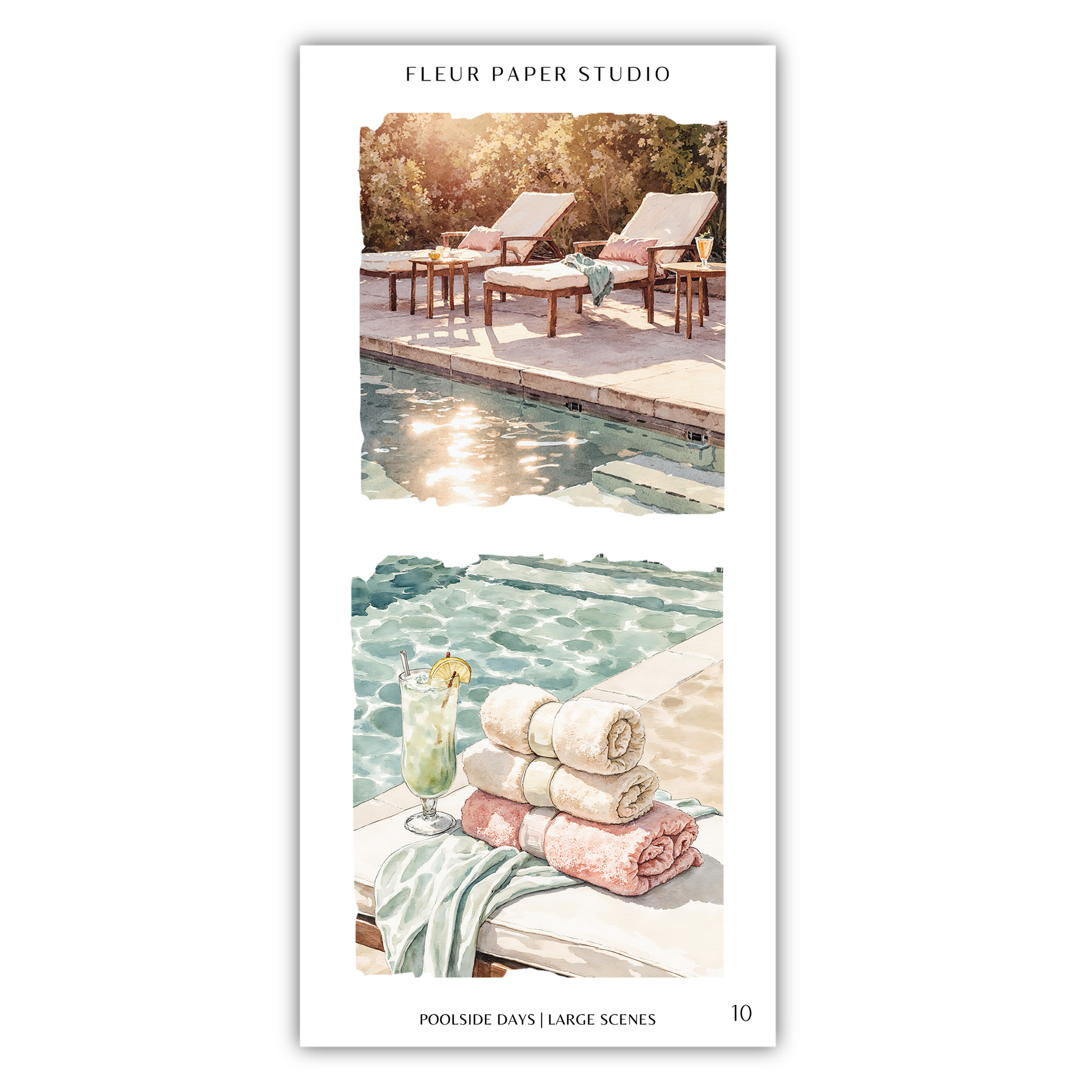 The image is a collage of two scenes depicting a poolside and a towel on a table.