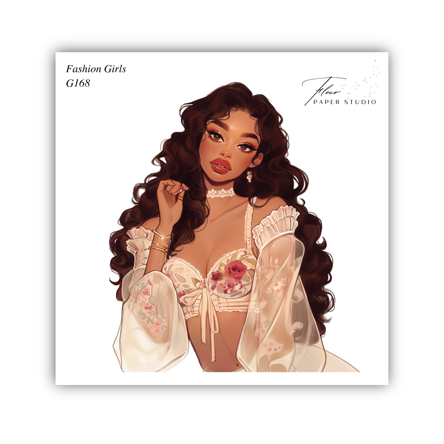 The image is a stylized illustration of a woman with long, curly hair wearing a white lace dress with floral patterns.