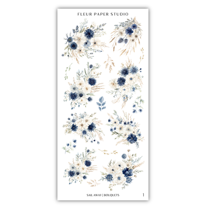 a collection of floral designs, including various types of flowers and leaves, arranged in a visually appealing manner.