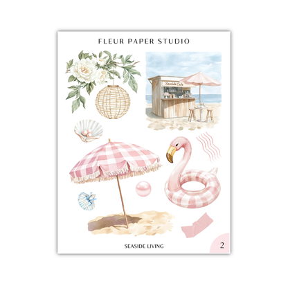 The image is a collage of various beach-themed items, including a pink and white checkered umbrella, a pink flamingo, a seashell, a beach chair, and a beach hut.