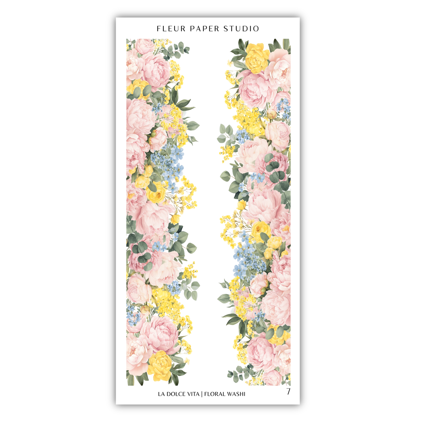 a floral border with pink and yellow flowers, along with green leaves, creating a vibrant and colorful design.