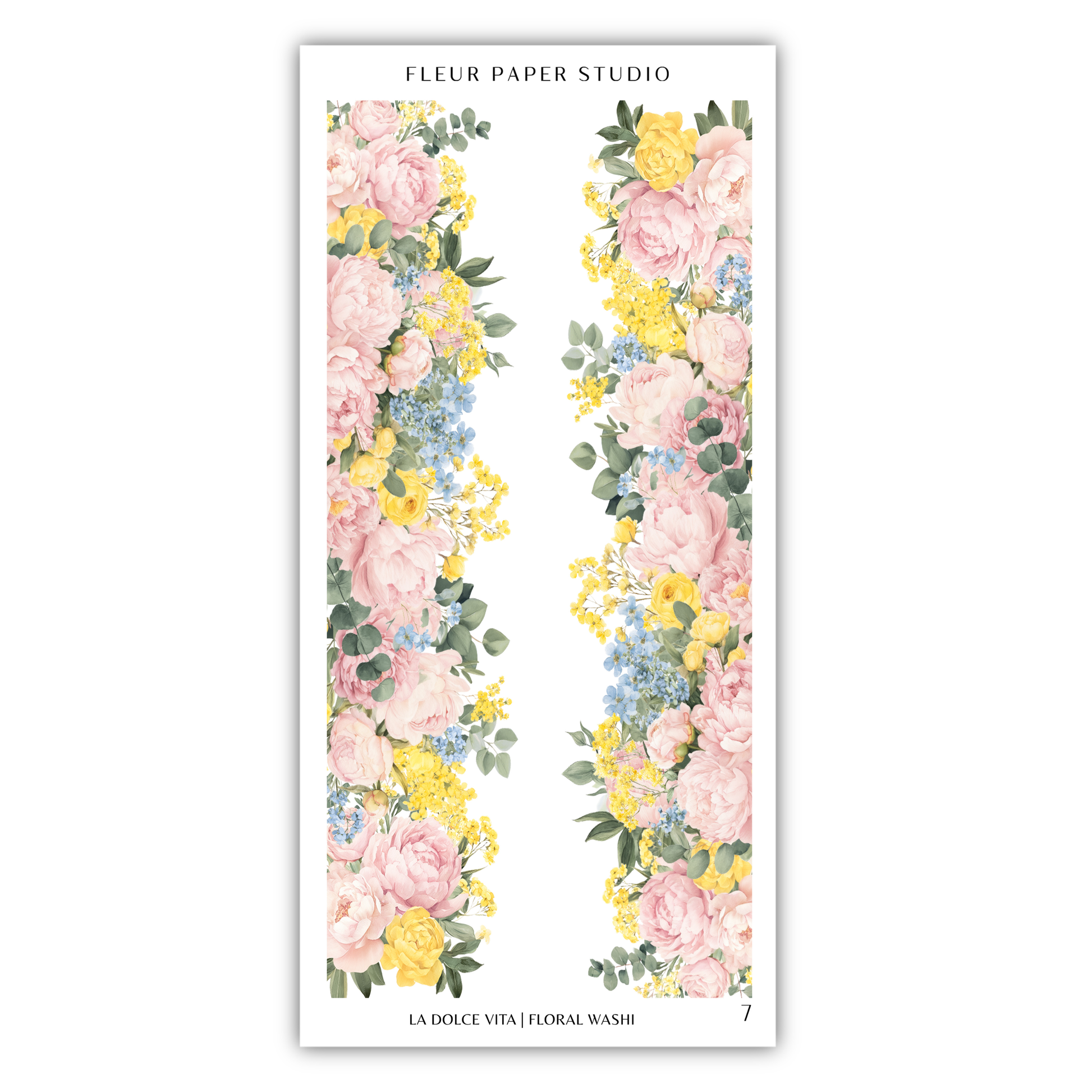 a floral border with pink and yellow flowers, along with green leaves, creating a vibrant and colorful design.