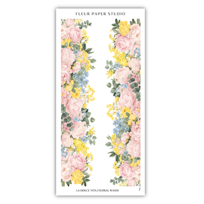a floral border with pink and yellow flowers, along with green leaves, creating a vibrant and colorful design.