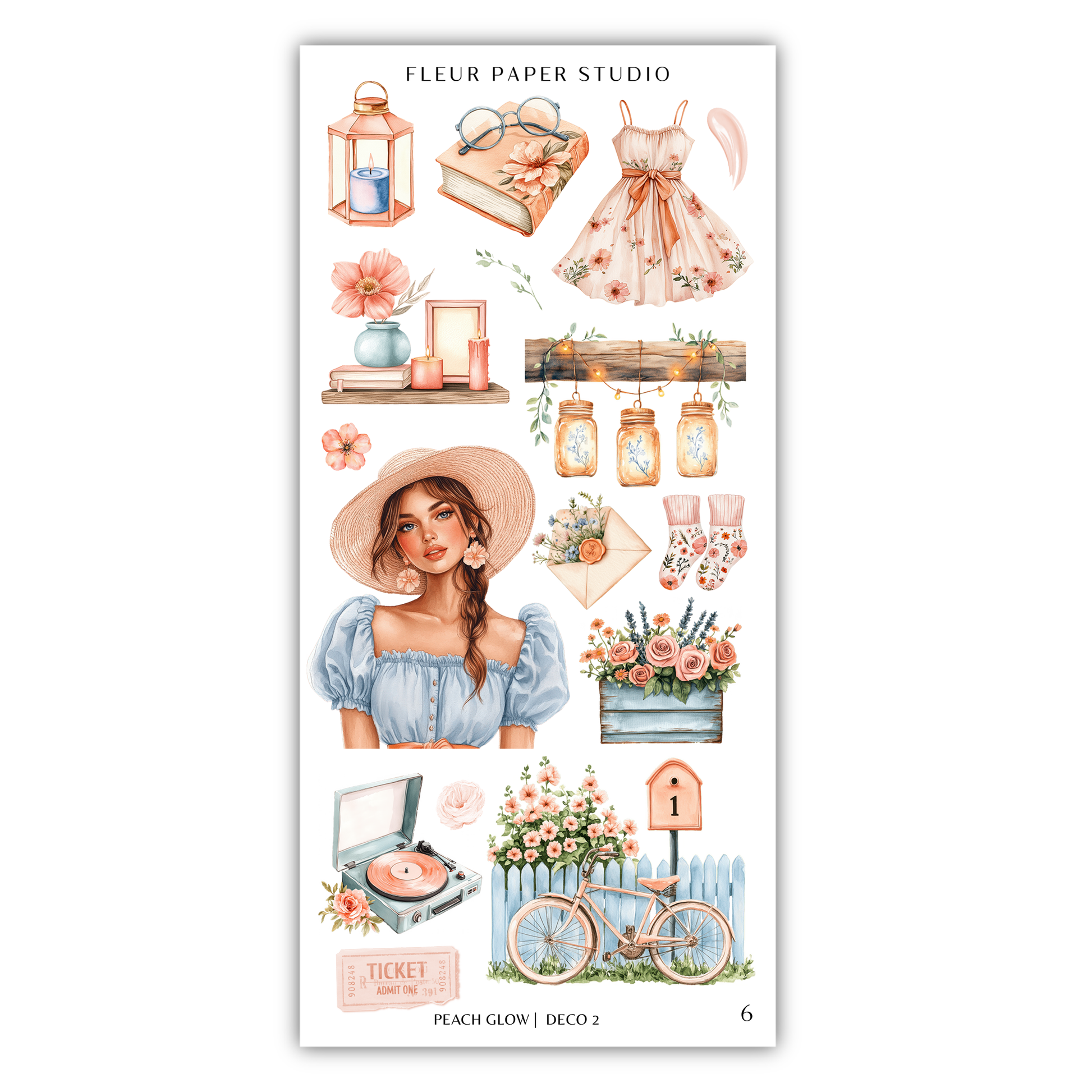 The image is a collection of various decorative items and illustrations, including a woman, flowers, lanterns, books, and other accessories, all arranged in a visually appealing manner.