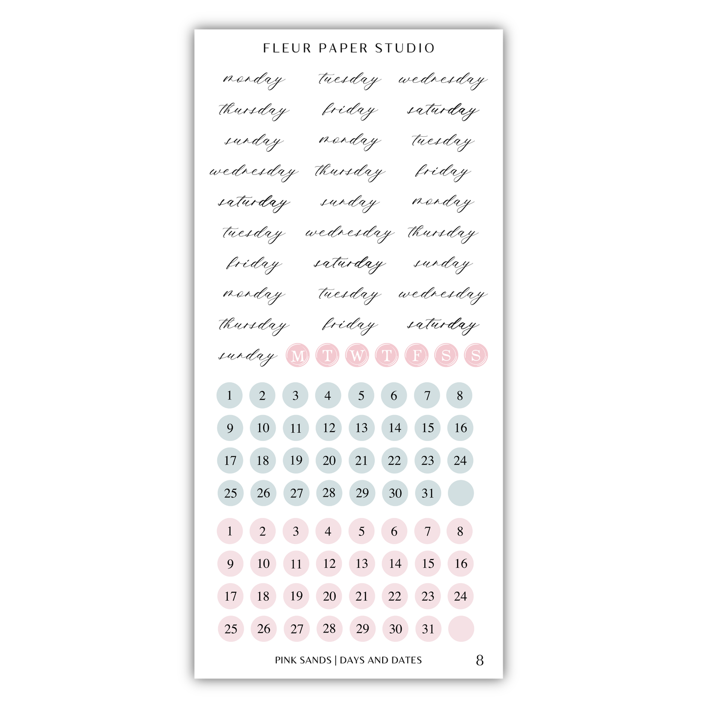 The image is a calendar and sticker set for the Fleur Paper Studio, featuring a pink and blue color scheme. The calendar displays the days of the week and dates, while the stickers have a pink and blue color scheme. The image is a collage of multiple images, and the phrase "The image depicts" or "The image displays" or similar phrases should not be used, as they are too long and may not be clear or accurate.