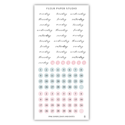 The image is a calendar and sticker set for the Fleur Paper Studio, featuring a pink and blue color scheme. The calendar displays the days of the week and dates, while the stickers have a pink and blue color scheme. The image is a collage of multiple images, and the phrase "The image depicts" or "The image displays" or similar phrases should not be used, as they are too long and may not be clear or accurate.