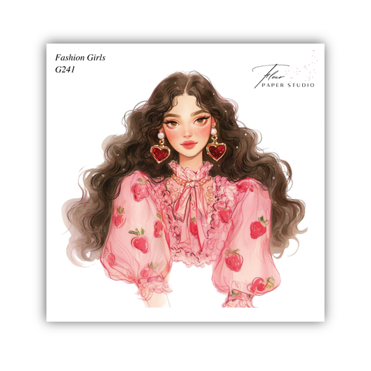 A stylized illustration of a young woman with long, curly hair wearing a pink dress with red apple designs. She is wearing large, red heart-shaped earrings and has a pensive expression on her face.