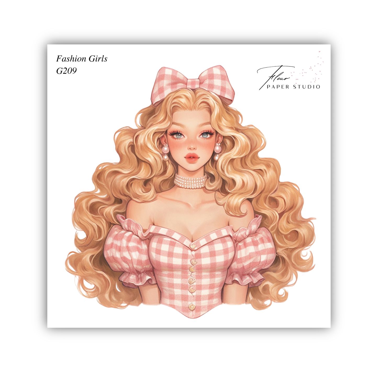 A stylized illustration of a young woman with long, curly blonde hair wearing a pink and white checkered dress and a pink bow.