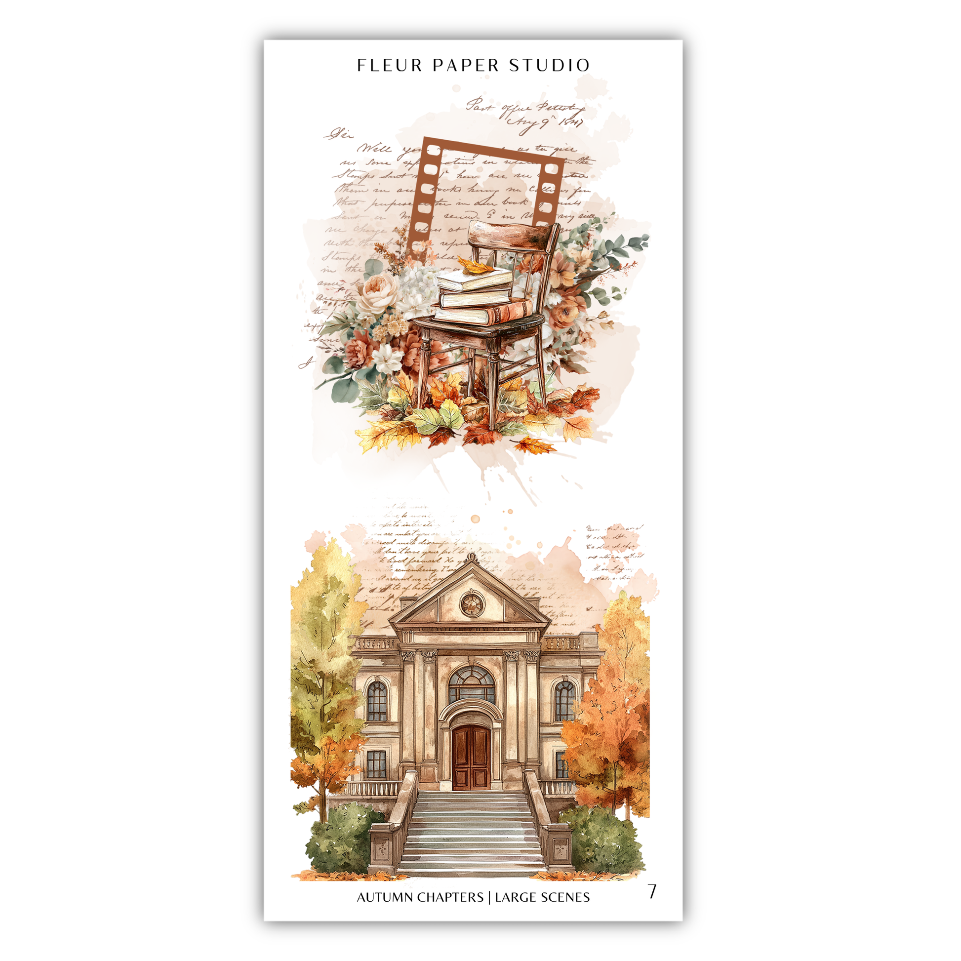 The image is a collage of two scenes. The top scene depicts a chair surrounded by flowers and leaves, while the bottom scene shows a building with autumn foliage.
