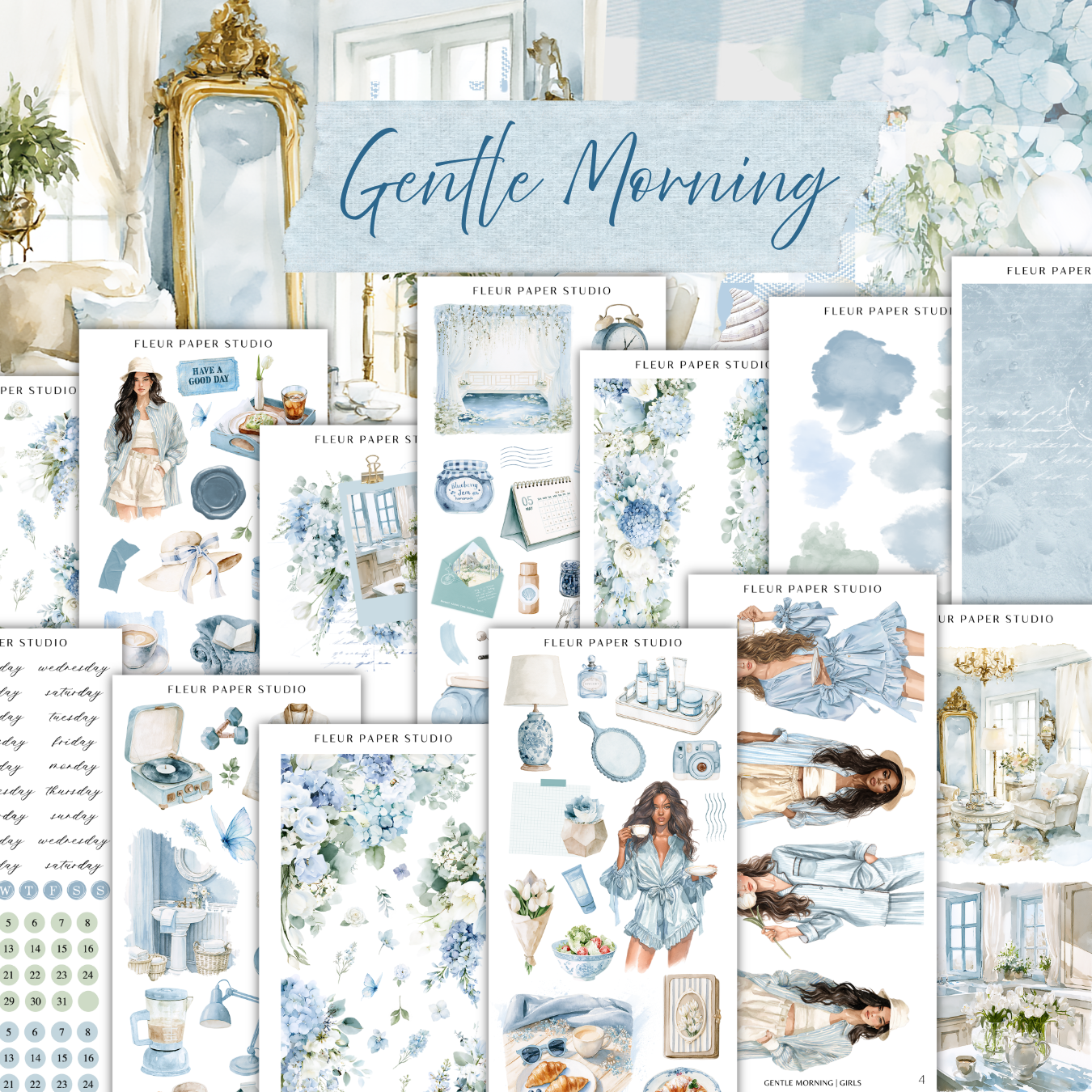 The image is a collage of various illustrations and scenes related to the theme of "Gentle Morning" from the "Flower Paper Studio". The collage includes images of people, flowers, and other objects, such as a mirror, a vase, and a clock, all set against a blue and white color palette. The text "Gentle Morning" is prominently displayed, indicating the theme of the collage.