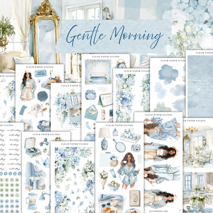 The image is a collage of various illustrations and scenes related to the theme of "Gentle Morning" from the "Flower Paper Studio". The collage includes images of people, flowers, and other objects, such as a mirror, a vase, and a clock, all set against a blue and white color palette. The text "Gentle Morning" is prominently displayed, indicating the theme of the collage.