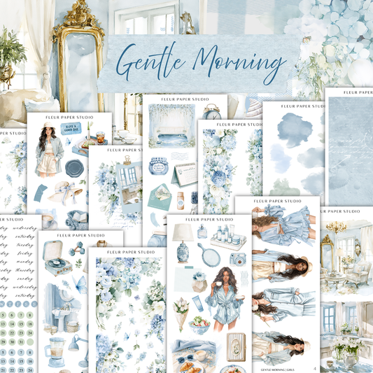 The image is a collage of various illustrations and scenes related to the theme of "Gentle Morning" from the "Flower Paper Studio". The collage includes images of people, flowers, and other objects, such as a mirror, a vase, and a clock, all set against a blue and white color palette. The text "Gentle Morning" is prominently displayed, indicating the theme of the collage.