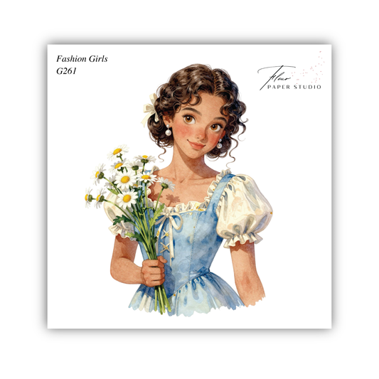 A watercolor illustration of a young girl with curly hair holding a bouquet of white flowers.