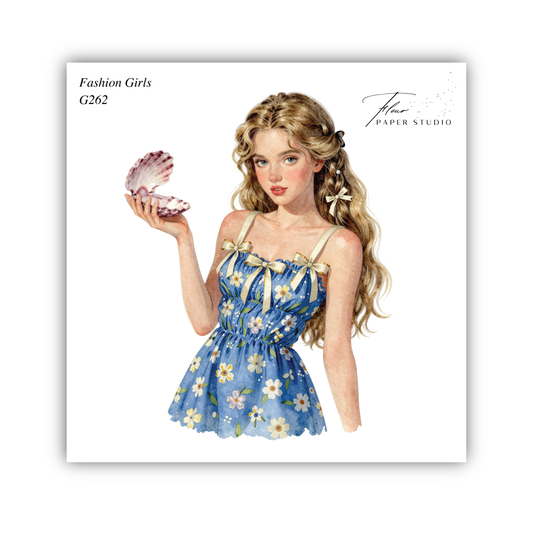 A watercolor illustration of a young woman wearing a blue dress with white flowers, holding a shell in her hand.
