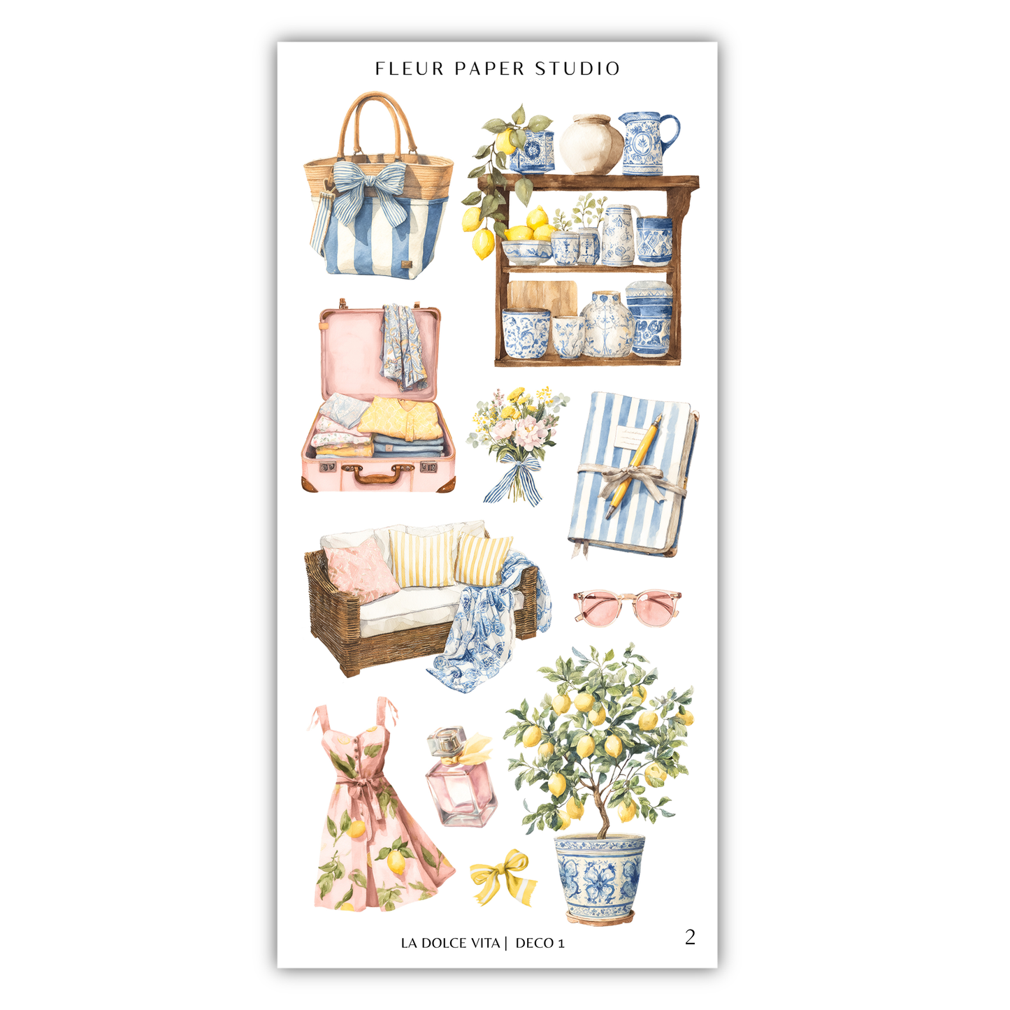 various decorative items and accessories, including a handbag, a suitcase, a vase, a potted plant, a dress, a couch, a book, sunglasses, a lemon tree, and other home decor elements.