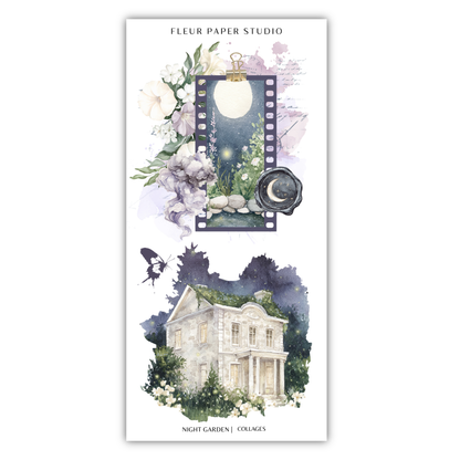 The image is a collage featuring a night garden and a house, with a butterfly and a crescent moon in the background.