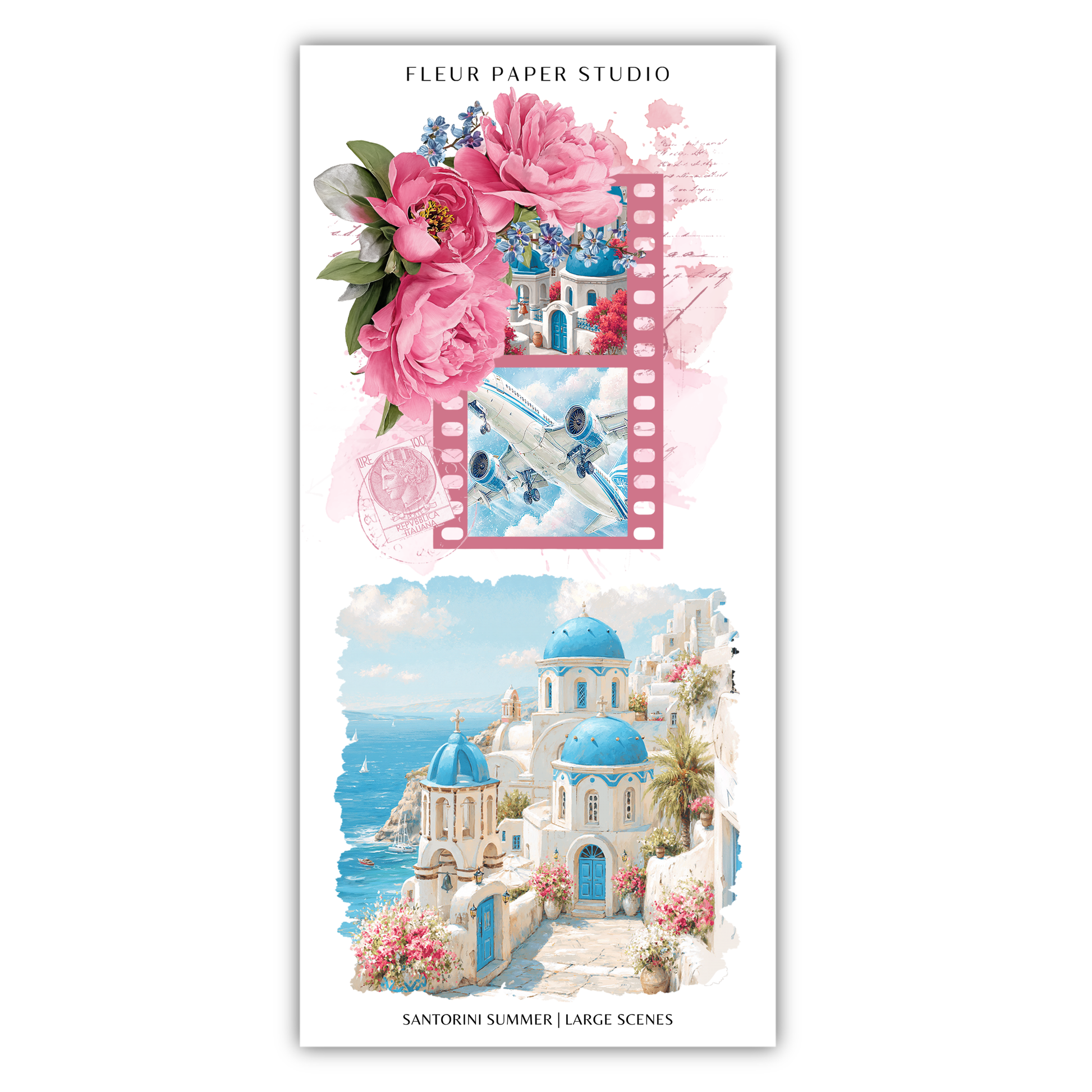 The image is a collage of two scenes from Santorini, Greece. The top scene features a pink flower arrangement and a film strip with images of the island's architecture and people. The bottom scene depicts the picturesque town of Santorini with its blue domes and white buildings, surrounded by the blue sea and clear sky.