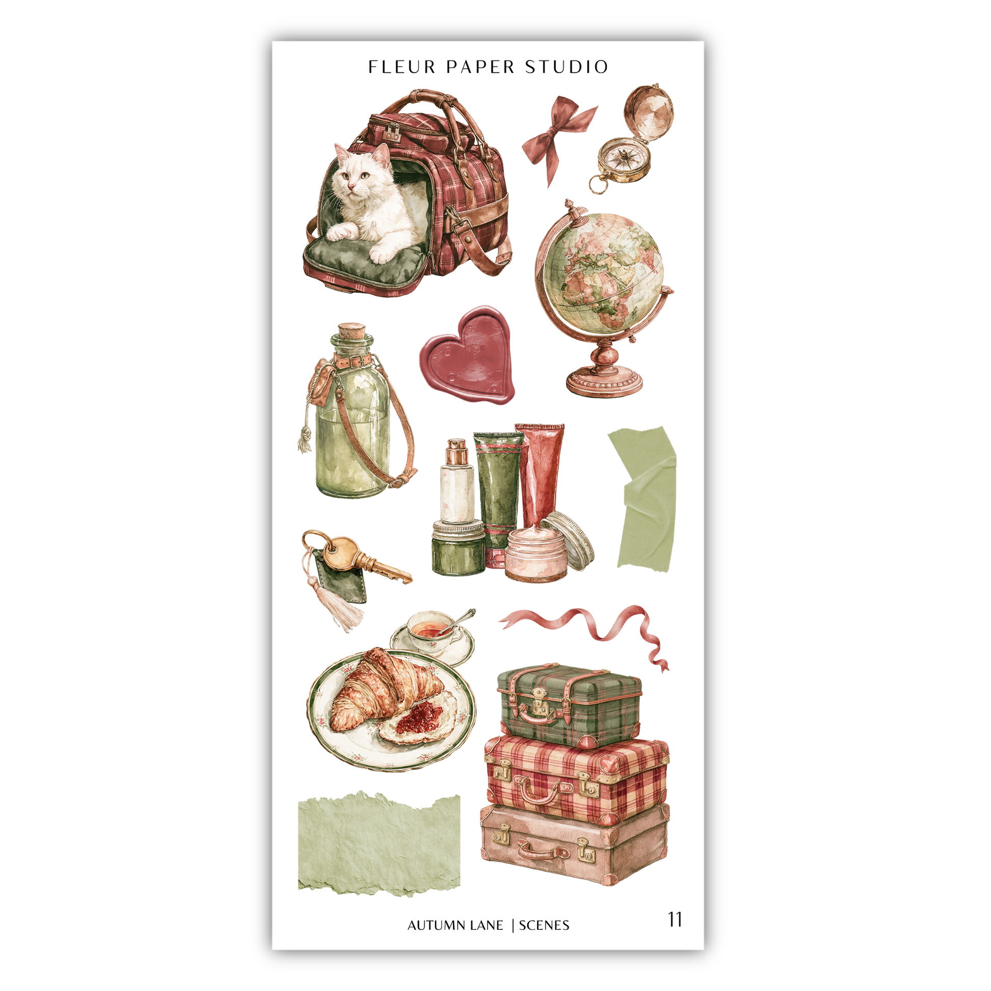 various objects and scenes related to travel and autumn, including a cat in a bag, a globe, a heart, a bottle, a suitcase, a plate of food, and a suitcase.