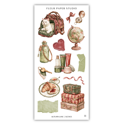 various objects and scenes related to travel and autumn, including a cat in a bag, a globe, a heart, a bottle, a suitcase, a plate of food, and a suitcase.