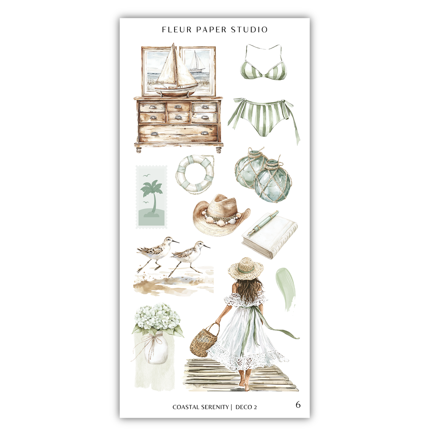 The image is a collection of various objects and scenes related to the theme of coastal serenity, including a sailboat, a bikini, a hat, a book, a vase, a bird, and a woman in a dress.