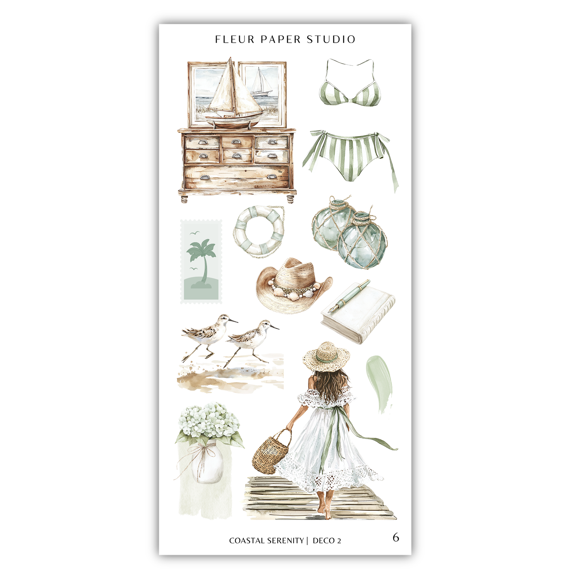 The image is a collection of various objects and scenes related to the theme of coastal serenity, including a sailboat, a bikini, a hat, a book, a vase, a bird, and a woman in a dress.
