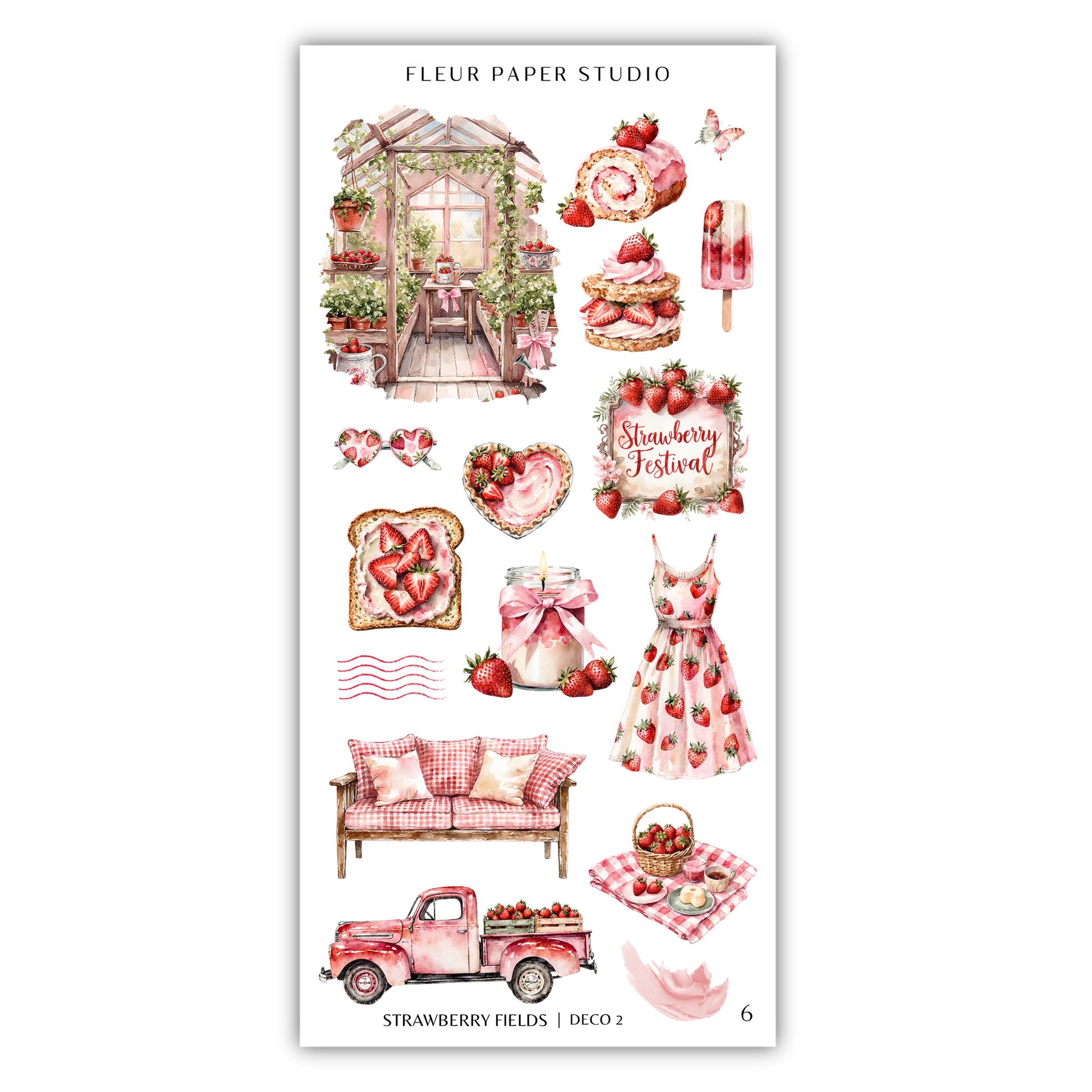various illustrations related to the theme of strawberries, including a strawberry festival, a strawberry-themed dress, a strawberry tart, a strawberry basket, a strawberry-topped sandwich, a strawberry-patterned couch, a strawberry-patterned truck, and a strawberry-patterned blanket.