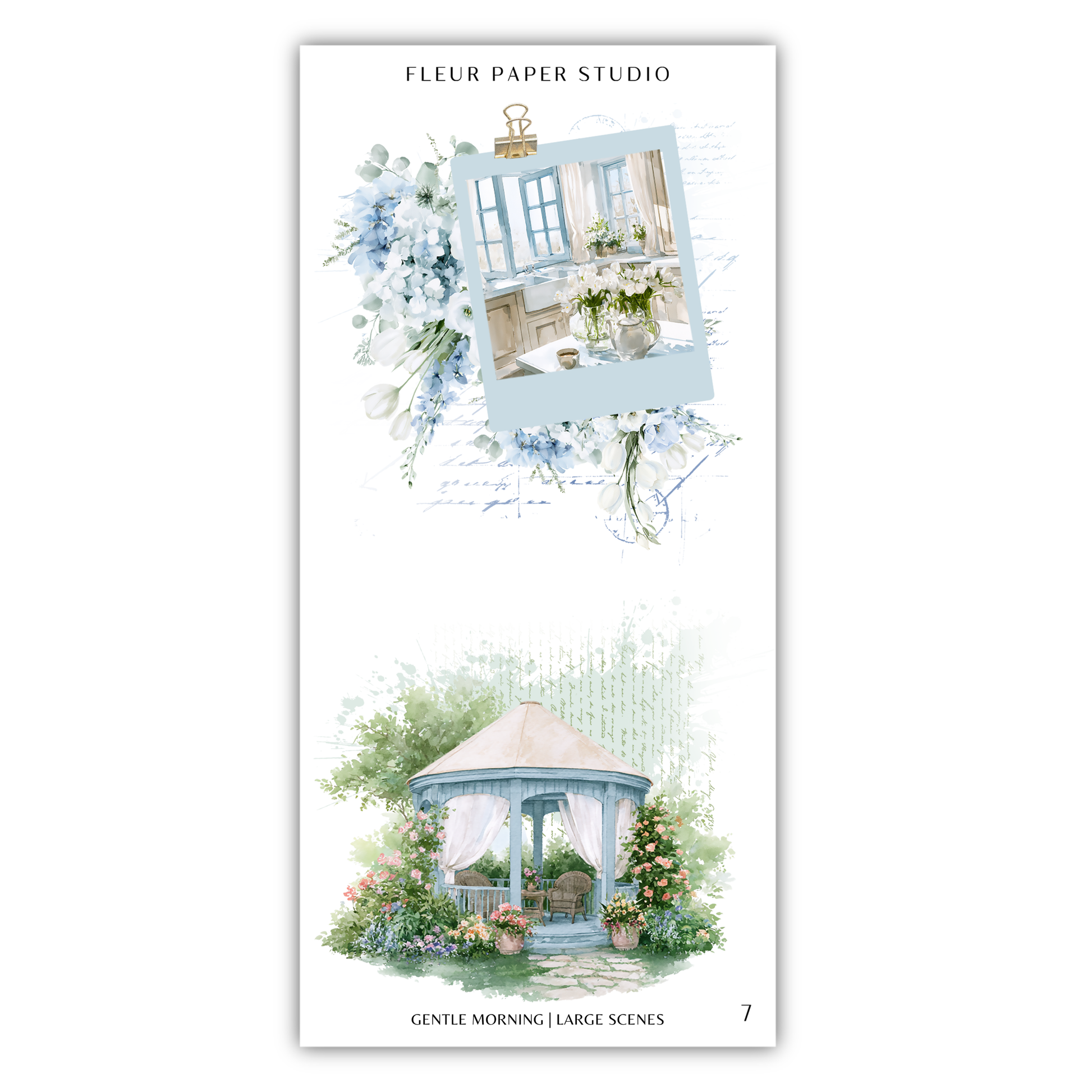 The image is a collage of two scenes, one depicting a gazebo surrounded by flowers and the other showing a house.