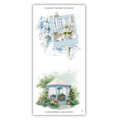 The image is a collage of two scenes, one depicting a gazebo surrounded by flowers and the other showing a house.