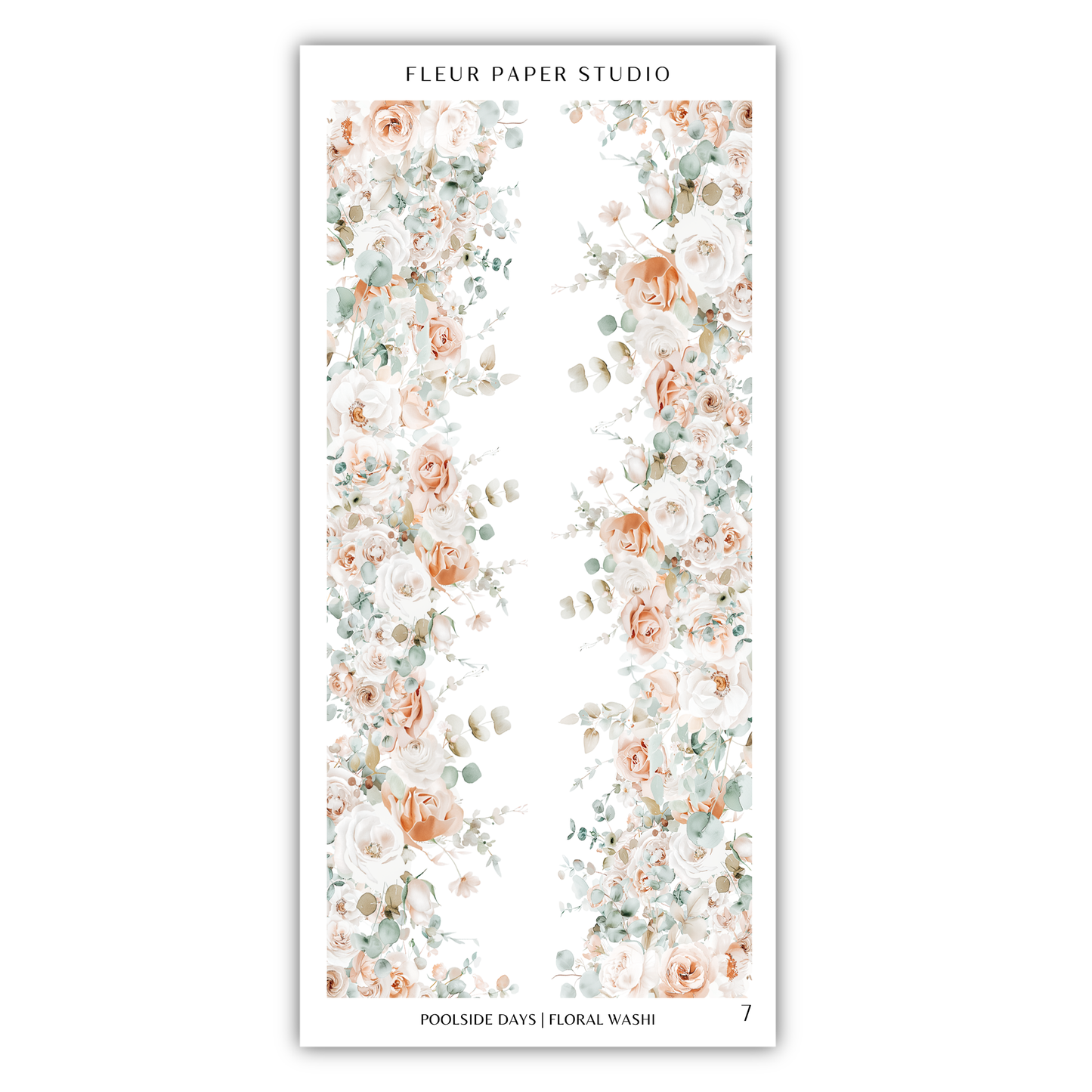 The image is a floral wallpaper design with a repeating pattern of white and peach flowers, along with greenery, arranged in a vertical orientation.