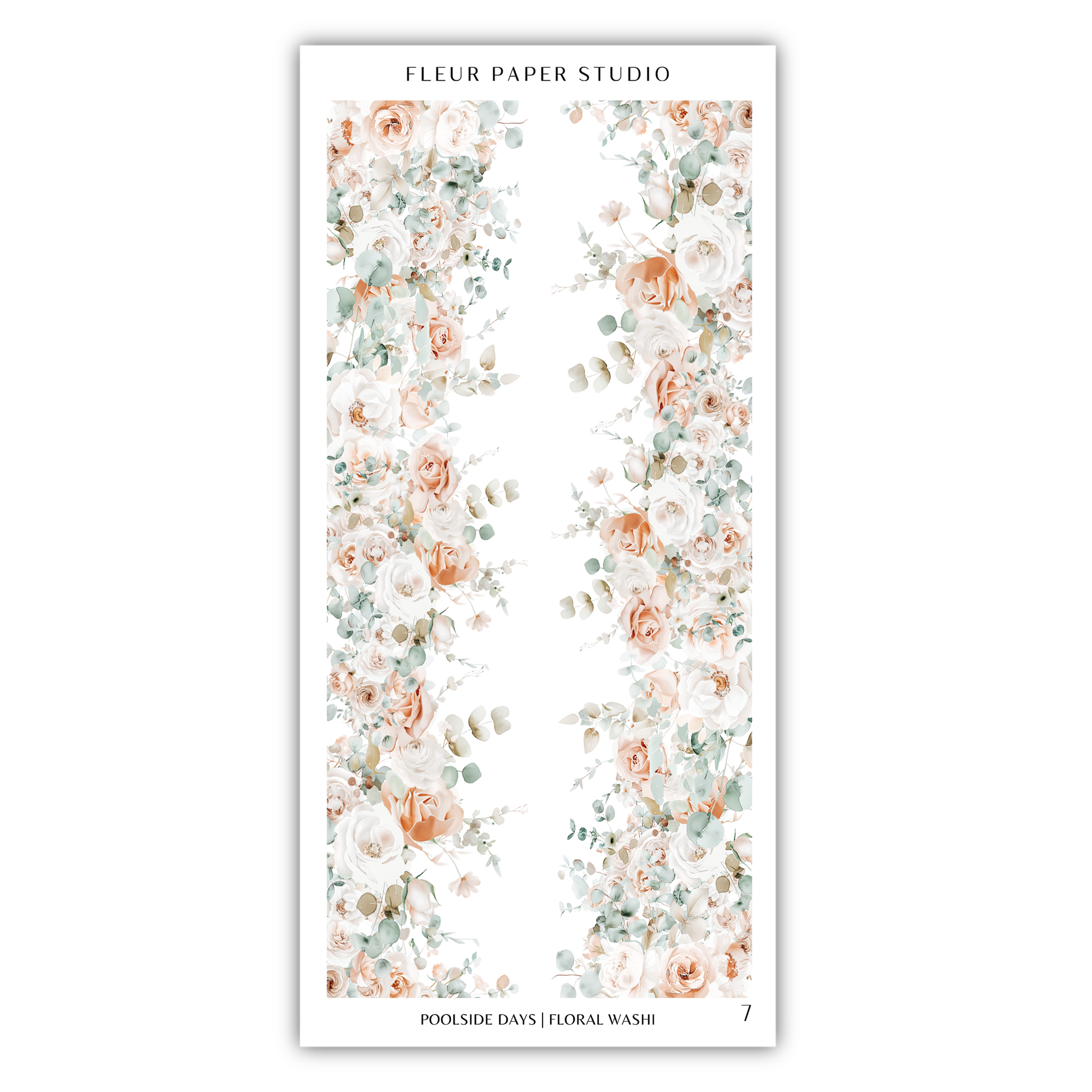 The image is a floral wallpaper design with a repeating pattern of white and peach flowers, along with greenery, arranged in a vertical orientation.