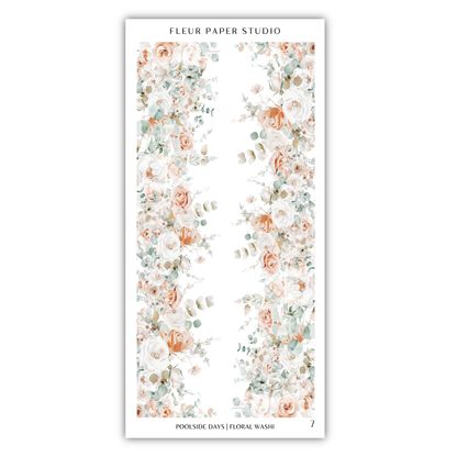 The image is a floral wallpaper design with a repeating pattern of white and peach flowers, along with greenery, arranged in a vertical orientation.