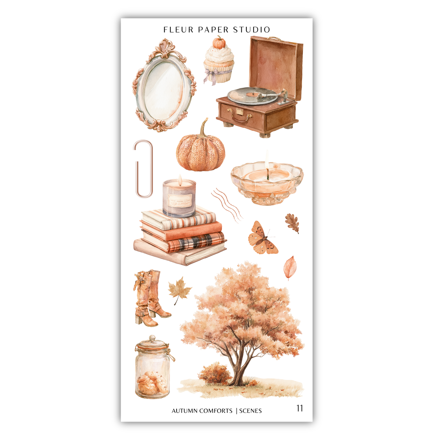 a sticker sheet with a picture of a tree, books, and other items