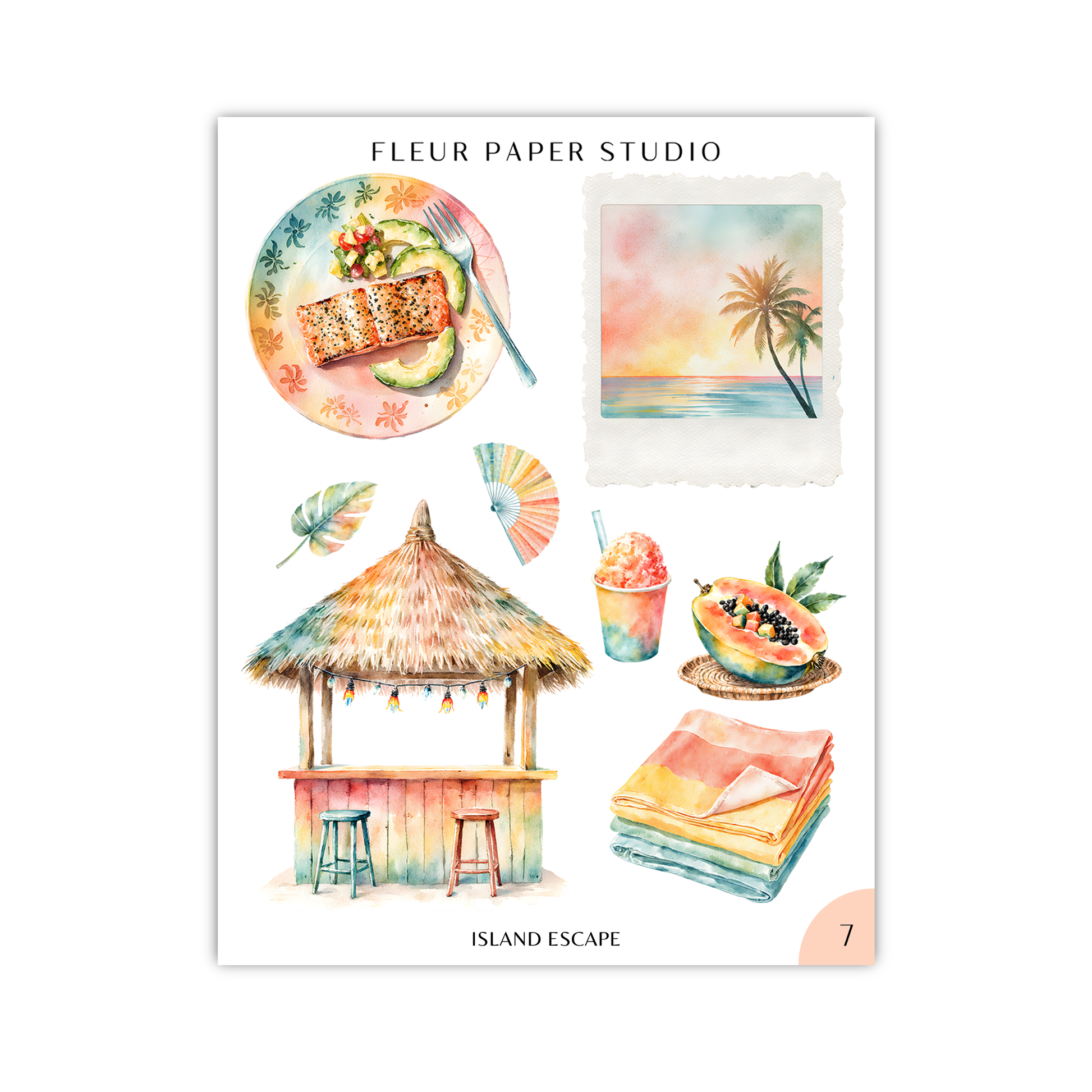 The image is a collage of various tropical-themed items, including a plate of food, a tropical hut, a beach scene, a bowl of fruit, a fan, and a palm tree.