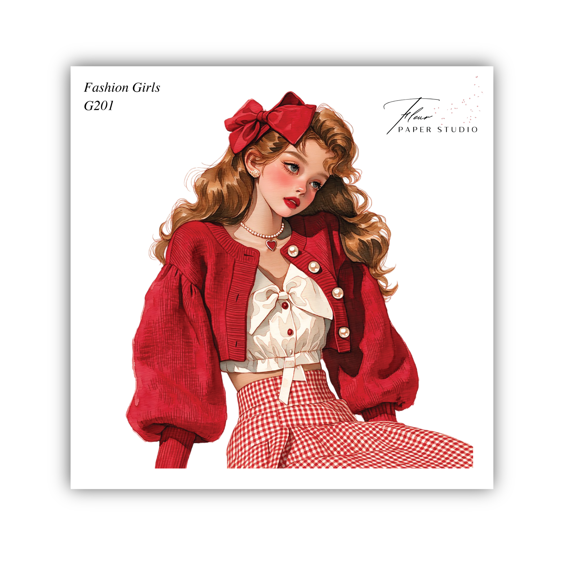 A stylized illustration of a young woman with long, curly hair wearing a red cardigan and a white blouse with a bow, sitting against a white background.