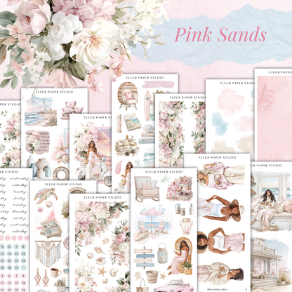 The image is a collage of various illustrations and designs related to the theme of "Pink Sands". The collage includes images of flowers, beach scenes, and people in different poses and settings. The text "FLÉR PAPER STUDIO" is visible, indicating that these images are part of a collection or series created by the same artist or studio.