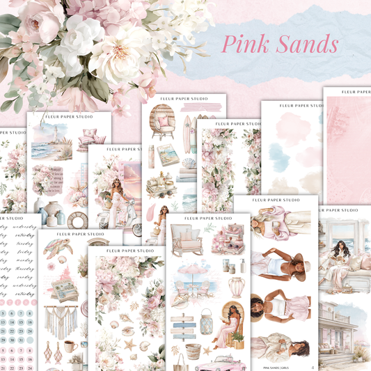 The image is a collage of various illustrations and designs related to the theme of "Pink Sands". The collage includes images of flowers, beach scenes, and people in different poses and settings. The text "FLÉR PAPER STUDIO" is visible, indicating that these images are part of a collection or series created by the same artist or studio.
