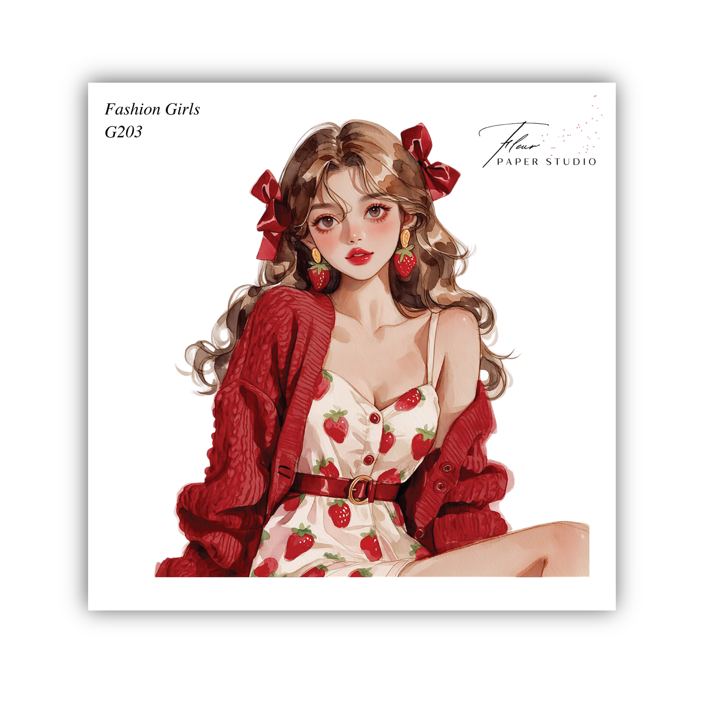 A stylized illustration of a young woman with long, wavy hair and red bows in her hair, wearing a red sweater and a dress with a strawberry pattern.