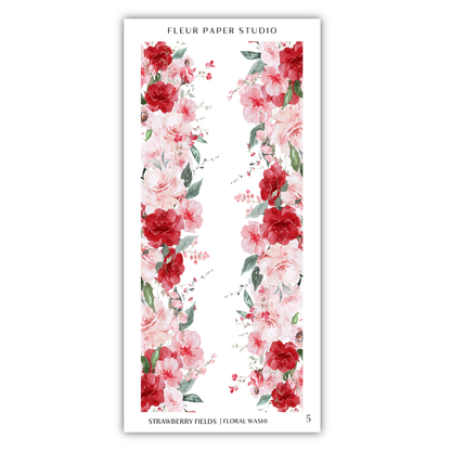 a floral design with red and pink flowers arranged in a vertical pattern.