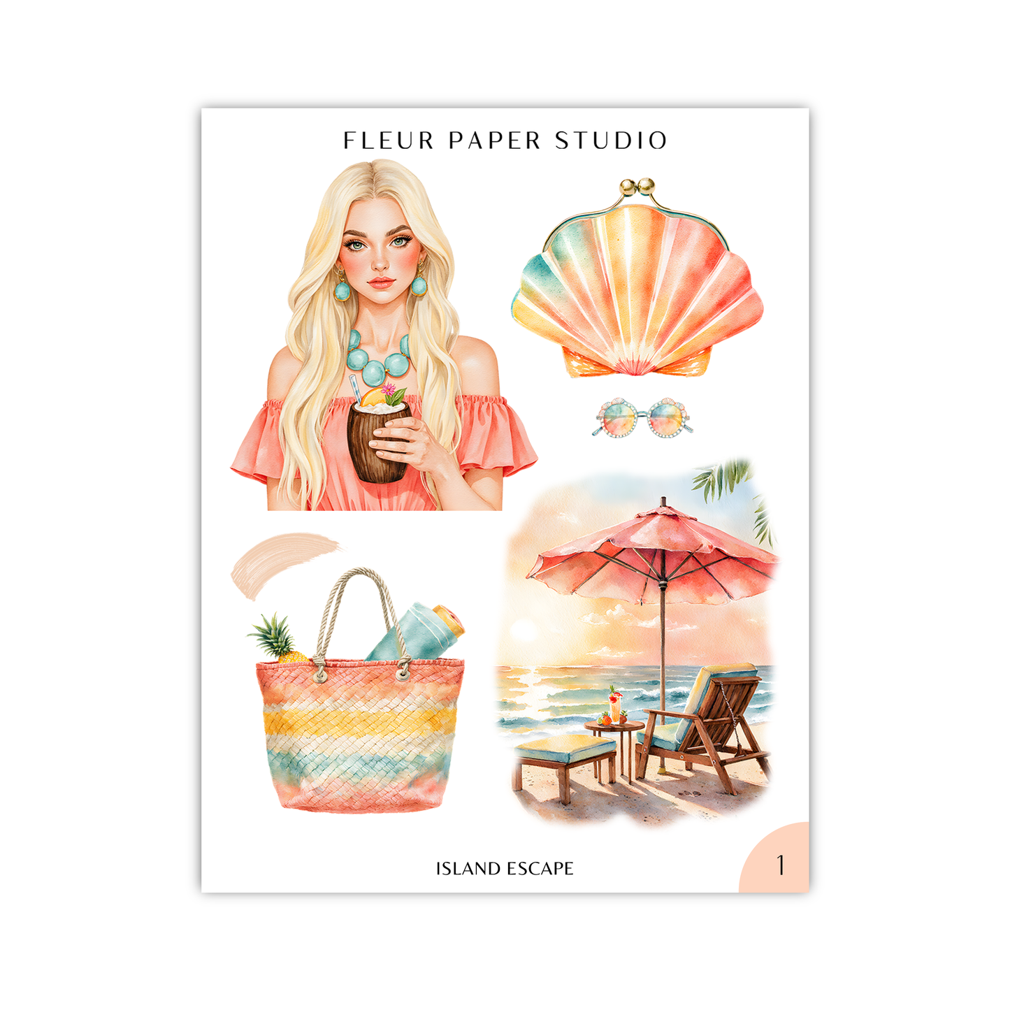 The image is a collage of various beach-related items, including a woman with long blonde hair, a shell, sunglasses, a beach umbrella, a handbag, and a chair.