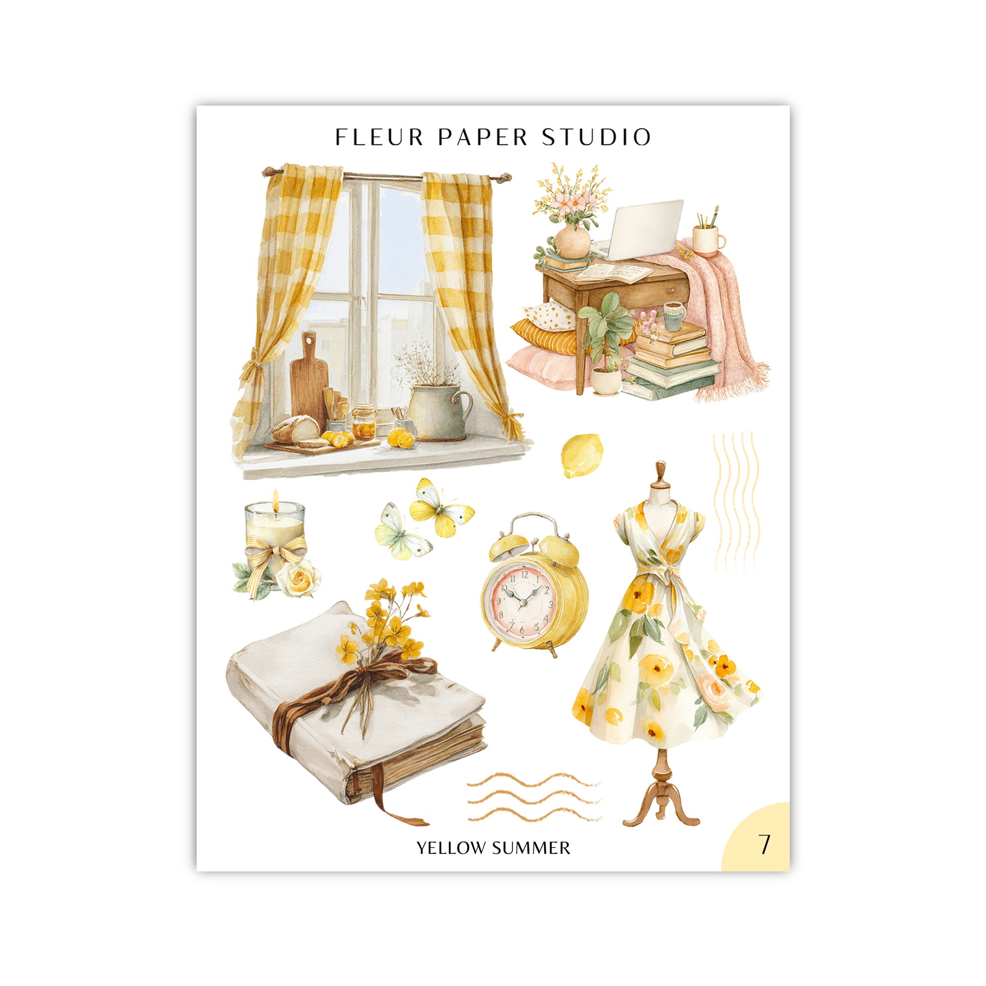 The image is a collage of various objects and scenes, including a window with yellow and white checkered curtains, a desk with a laptop, a vase of flowers, a book, a dress, a clock, and other decorative items.