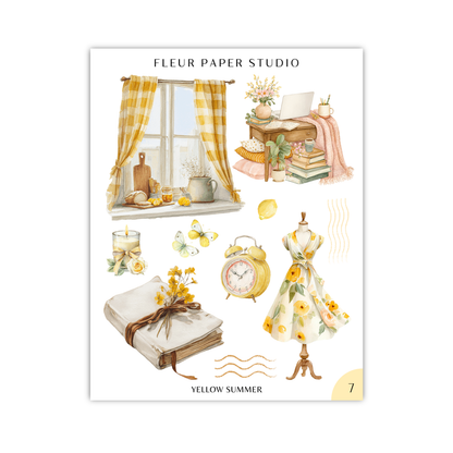 The image is a collage of various objects and scenes, including a window with yellow and white checkered curtains, a desk with a laptop, a vase of flowers, a book, a dress, a clock, and other decorative items.