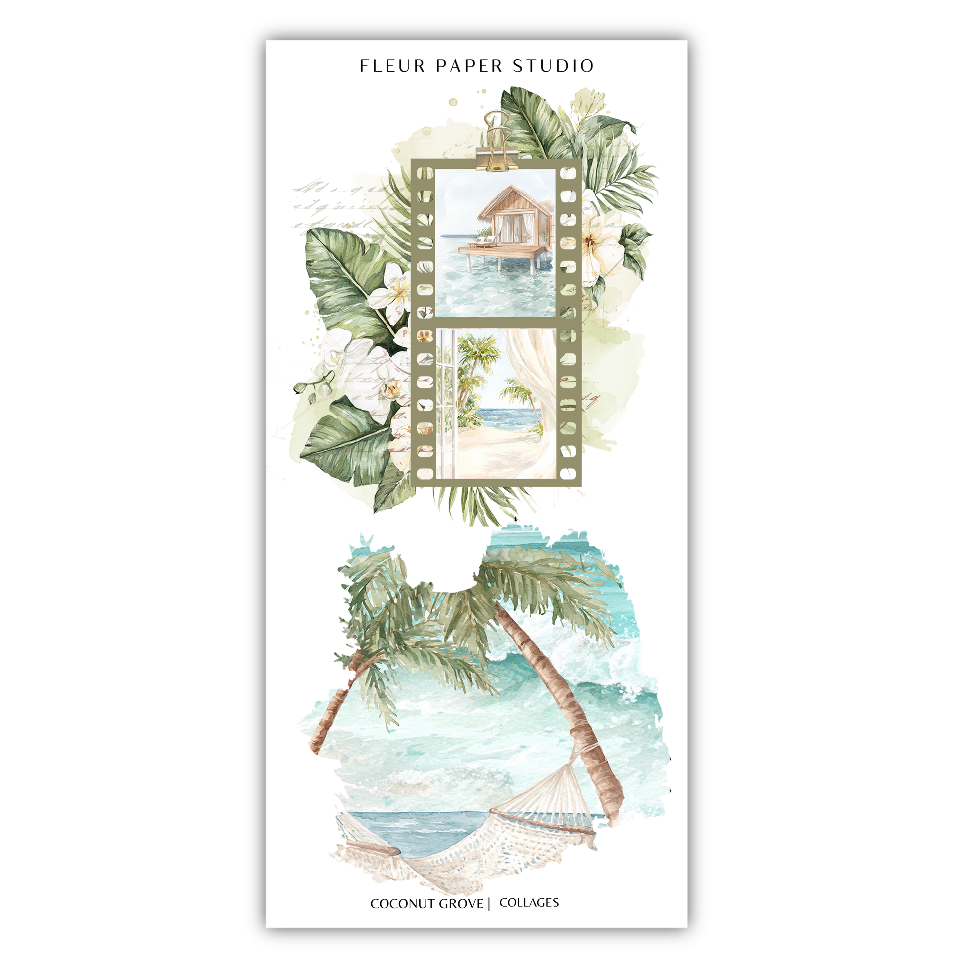 The image is a collage of two pictures depicting tropical scenes, including palm trees, a beach, and a hammock.
